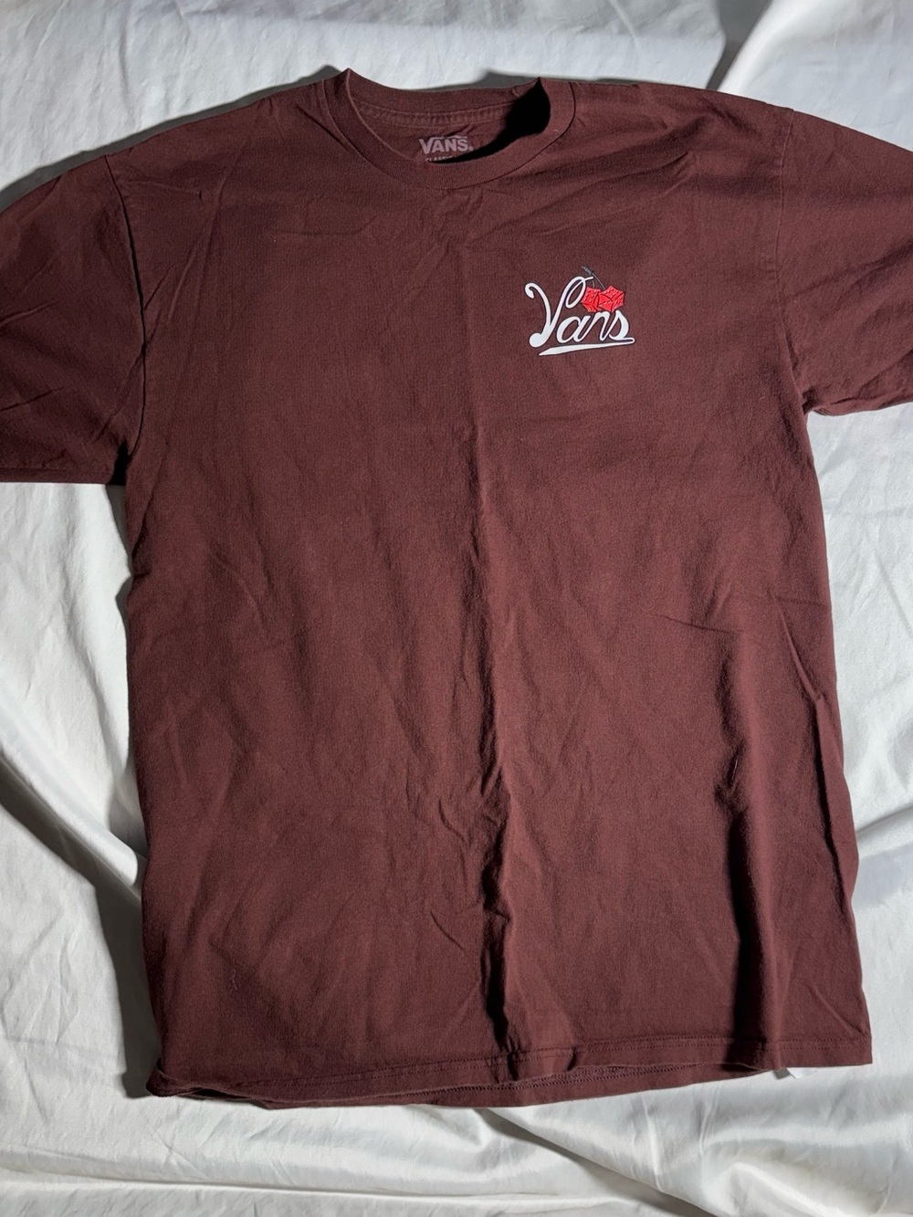 Vans Men's Burgundy Short Sleeve Tee with White Logo and Red Detail